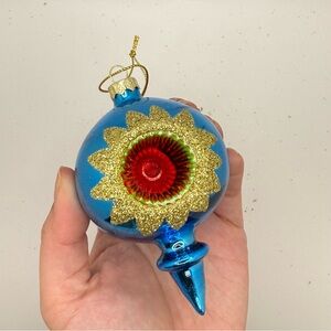 Vintage Glass Christmas Ornament Blue Indent Reflector Teardrop Finial